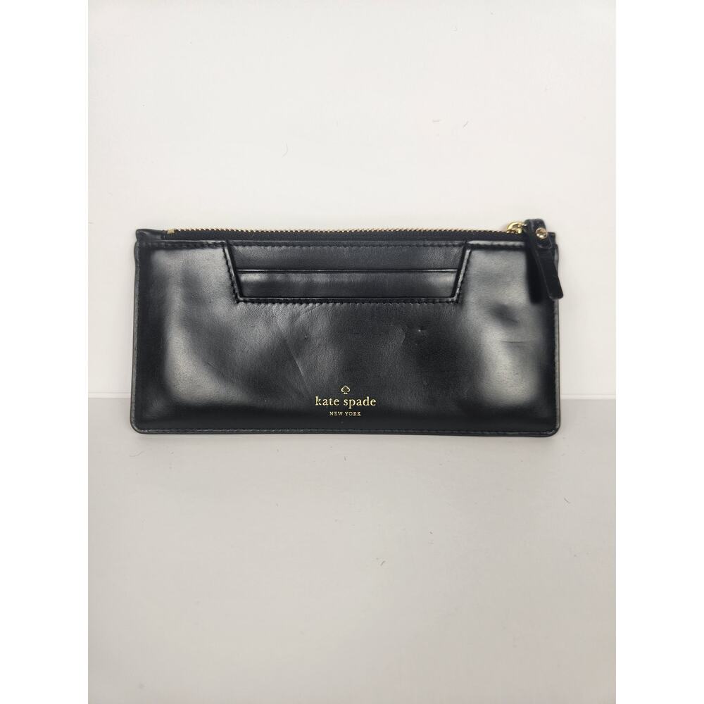 Kate Spade New York Black Leather Zip Wallet Wristlet Gold Logo